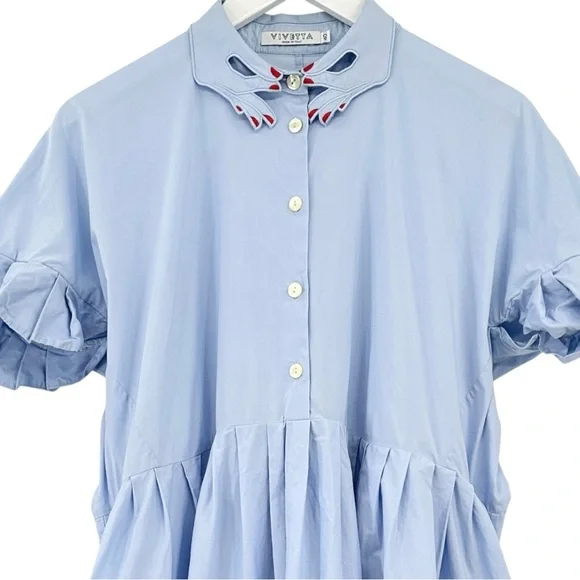 VIVETTA Esmeralda Baby Blue Embroidered Collar Ruffled Short Sleeve Midi Dress - Picture 3 of 8